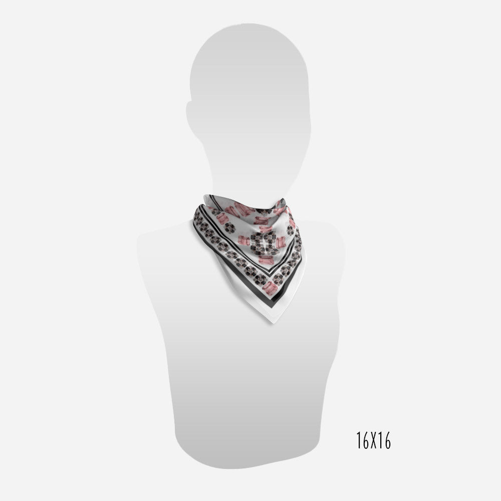 view of 16"x16" black white and morganite scarf on neck of mannequin