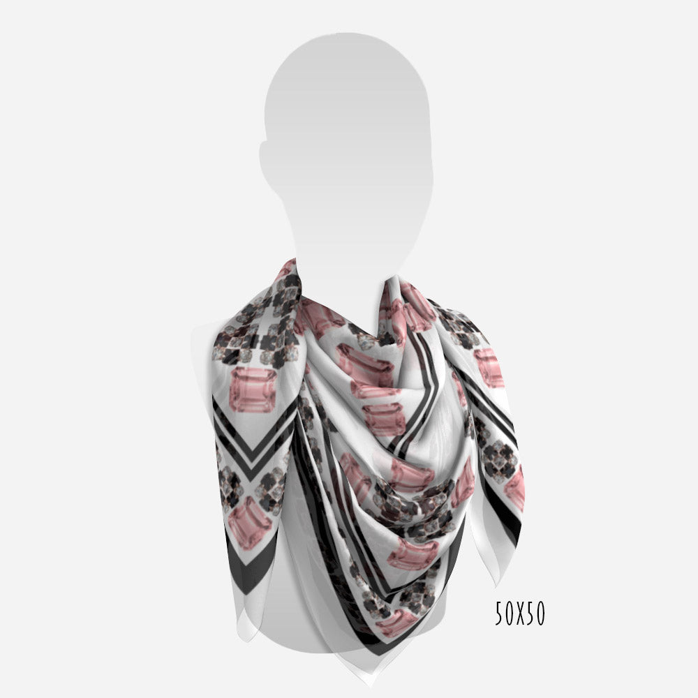 view of 50"x50" black white and morganite scarf on neck of mannequin