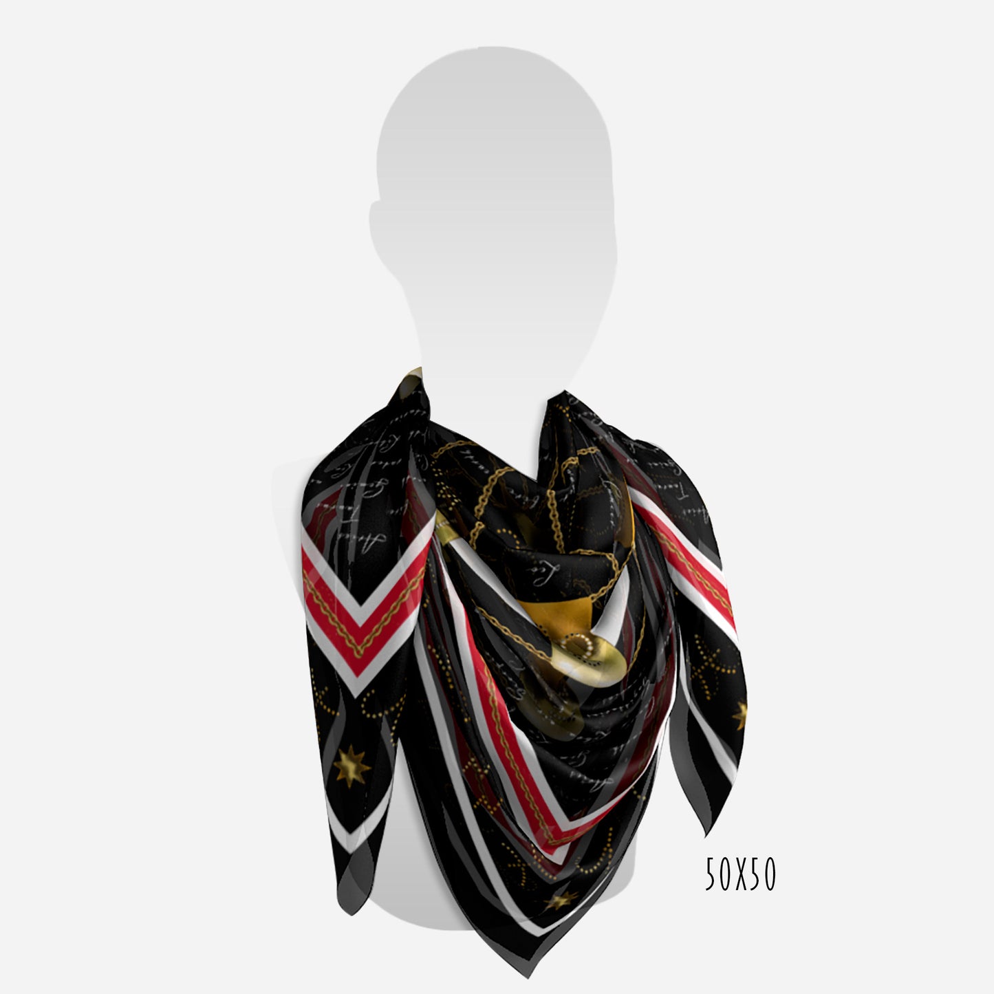 view of 50"x50" gold zodiac tags on black red and white scarf on neck of mannequin